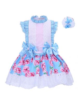 Blue Bow Summer Girls Flower Lace Dress  1310