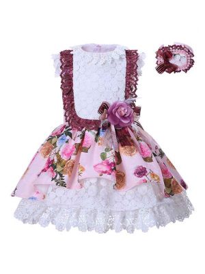 Pink Lace Flower Summer Sleevless Girl Dresses 1324