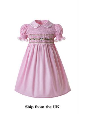 (UK Only)Pink Party Girls Doll Collar Handmade Embroidered Smocked Dresses