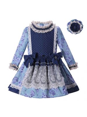 Girl Blue Flower Vintage Dress With Headband D12