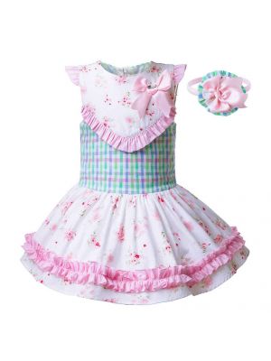 Girls Mix Color Grid Flower Print Dresses B246