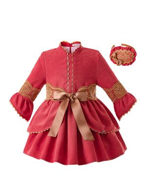 Red Lace Baby Girl Dress Stand Collar Kids Dresses B349