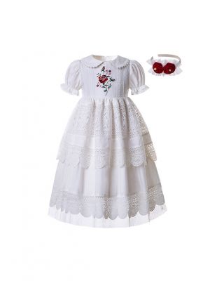 White Embroidery Doll Collar Communion Solid Party Layers Girl Long Dress With Headband 