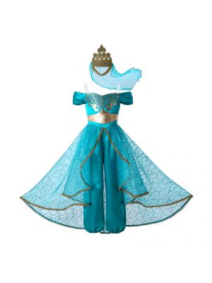Summer Jasmine Princess Dress up Costume Cosplay Aladdin Halloween Party Fantasy Kids Clothes for Girls + Crown Veil 
