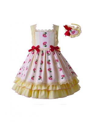 Girls Yellow Floral Pattern Sleeveless Long Dress + Handmade Headband