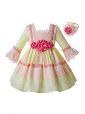 Girl Yellow And Pink Flower Lace Long Dress + Handmade Headband