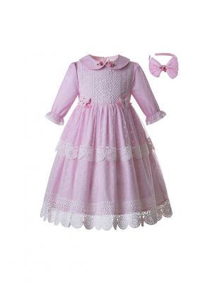 Wedding Party Lace Communion Pink Dot Flower Girl Long Dress With Headband