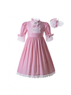 Lace Pink Solid Color Princess Wedding Party Standing Collar Long Flower Dress With Headband