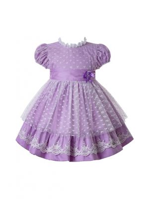 Summer Purple Heart-shaped Mesh Princess Dresses For Girls With Bow And Double Flowers 