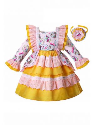 Easter Flower Bunny Pattern Yellow Girl Dress With Bows + Handmade Headband                                                                                                                       
