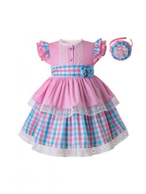 Summer Grid Heart-shaped Hollow Sleeveless Flowers & Bow  Girls Dress With Headband