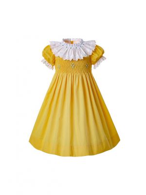 Easter Printed Summer Yellow Smocked Girls Dress + Handmade Headband                                                                                                                          