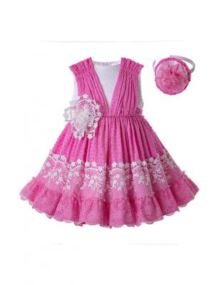 Newest Kids Party Pink Lace Sleeveless Flower Dress With Headband