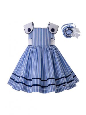 Blue Summer Violet Girls Dress With Stripe Party Dress + Handmade Headband                                                                                                                   