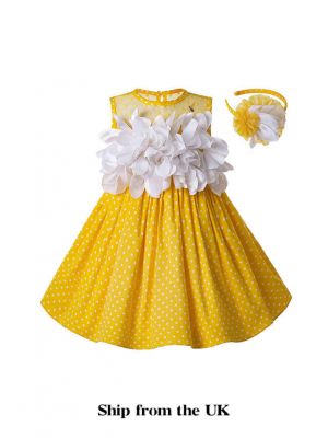 (UK ONLY)Girls Easter White Flower Yellow Cotton Dress + Handmade Headband