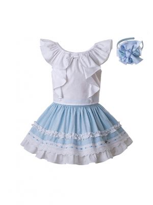 3 Pieces New Summer Girls Clothing Set With Headwear Sleeveless White Top+Blue Skirt Kids Outfit+ Handmade Headband