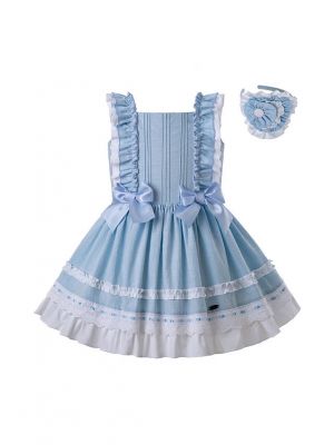 Newest Summer Girls Dress Sky Blue Princess Dresses For Girls With Bows + Handmade Headband                                                                          