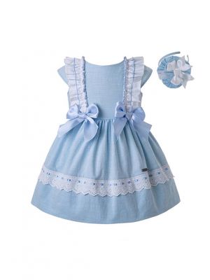 Bule Summer Party Wedding Party Baby Dress Sky Blue Dresses With Bows Kids Clothing + Handmade Headband                                                                                                            