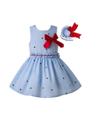 2020 Light Blue Girls Ruffles England Style With Red Bow Layered Dress + Hand Headband