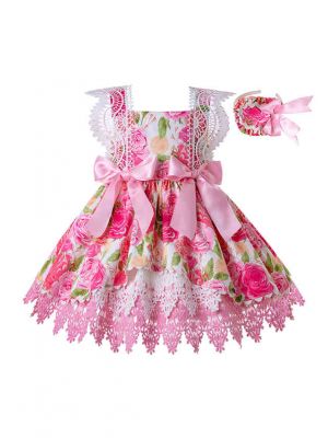 Girls Fly Sleeve Lace Flower Summer Dress with Cute Pink Bows + Handmade Headband