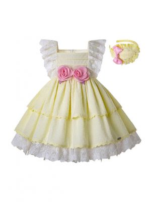 Light Yellow With Lace And Fly Sleeve Boutique Summer Girls Dress + Handmade Headband  