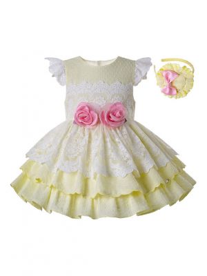 Light Yellow Girls With Pink Flowers Kids Princess Dress + Handmade Headband  
