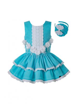 Girls Summer White Flower Blue Cotton Lace Sleeveless Party Dress + Handmade Headband