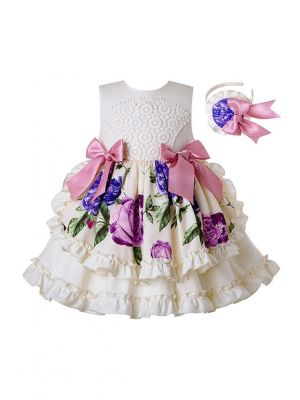 2020 White Flowers Pattern Printed Girls Dress +Hand Headband