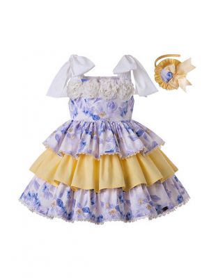2020 Girls Flowers England Style Layered Party Dress + Hand Headband