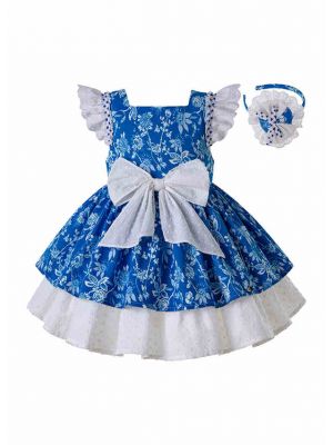 Babies Summer Flower Blue dress With White Bow + Handmade Headband