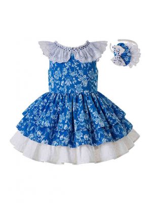 Fancy Flower Printed Sleeveless Wedding Party Girls Dress + Handmade Headband