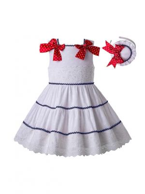 New White Navy Lace Girls Dress With Red Dot Bows + Handmade Headband                                                                                                                       