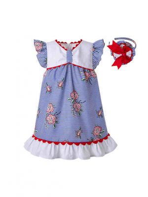 Baby Bule Summer Printed Ruffled Dress Toddler Puff Sleeve Festival Dress + Handmade Headband