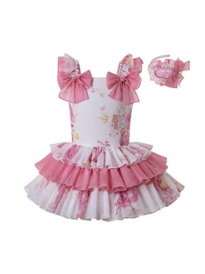 Boutique Girls Princess Floral Cute Bows Sweet Layered Dress + Hand Headband