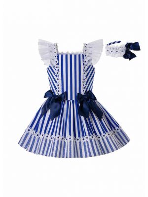 Girls Summer Deep Blue Cotton Flower Lace Stripe Princess Dress With Blue Bows + Handmade Headband