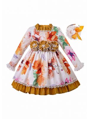 3D Three-Dimensional Printed Cotton Girls Autumn Dress + Handmade Headband