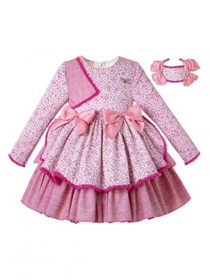 Thanksgiving Pink Floral Bow Children Boutique Girl Dress + Hand Headband