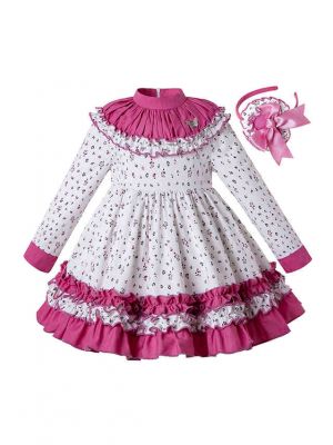 Autumn Girls Flower Print Ruffle Collar Girls Dress + + Hand Headband