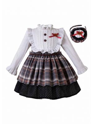 Girls White & Grid Layered Dress + Hand Headband