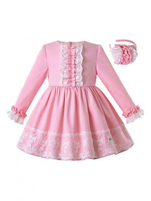 Girls Autumn Dress Light Pink Princess Dresses With Layered Lace + Hand Headband