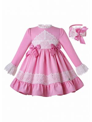 2020 Boutique Pink Lace Bows Ruffled Girls Dress + Hand Headband