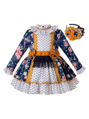 2020 Girls Floral Rose Party Double Bows Dress + Hand Headband