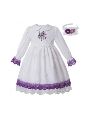 White GirlsEmbroidered Flower Turn-down Collar Vintage Princess Dress + Hand Headband