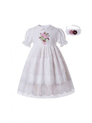 White Lace Embroidered Flower Princess Dress + Hand Headband