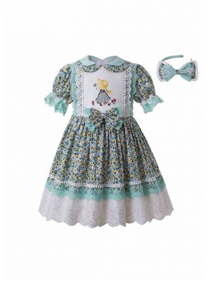 2020 Green Pleat Printed Turn-down Collar Vintage Dress + Hand Headband