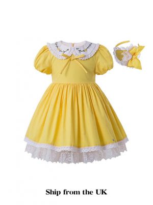 (UK ONLY)Easter Vintage Girls Yellow Dress + Hand Headband