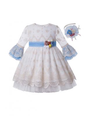 Girls White Vintage Yarn Dyed Spring  Boutique Dress + Hand Headband