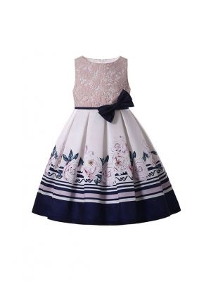 Girls Sleeveless Print Dress Lifelike Patterns Black Bow Belt Over Knee Length