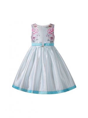New Summer Mint color Floral Pattern Sleeveless Vertical Stripes Girls Dress