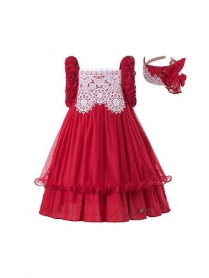 Sweet Girls Summer Plain Dyed Red Lace Princess Dress + Hand Headband